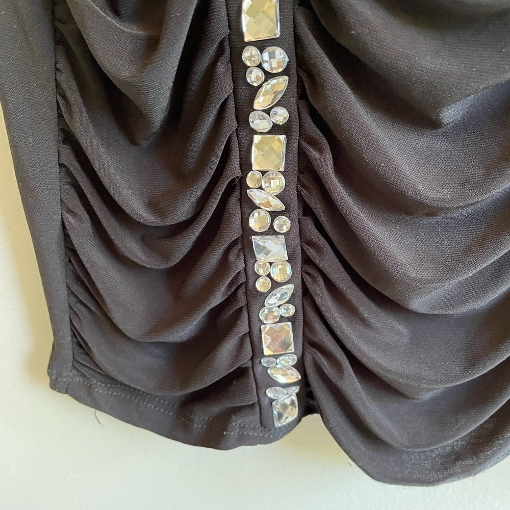 TABOO BLACK STRAPLESS DRESS CLEAR BEADWORK FRONT SHIRRING STRETCH - Picture 5 of 9